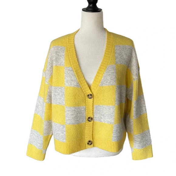 Zara Alpaca Wool Blend Boxy Button Front V Neck Cardigan Sweater Yellow Checked - Picture 1 of 12